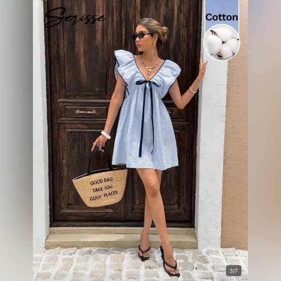 Serisse Cotton Light Blue Striped V-Neck Ribbon Tie Mini Dress L 8/10 - Picture 3 of 4